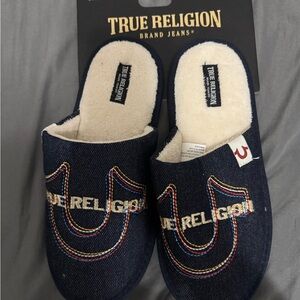 True Religion Navy Slip-On Denim Logo Slippers